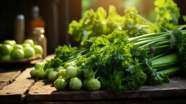 Vegetais de azeitona na mesa de madeira