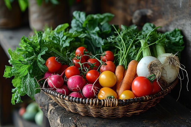 Vegetais de primavera coloridos em cestas de vime