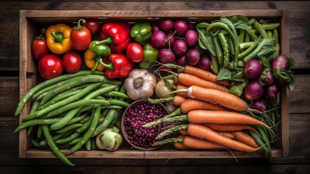 Vegetais de quinta em caixas de madeira