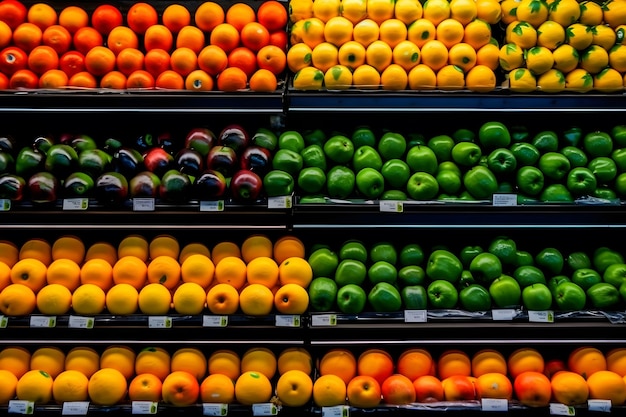 Foto vegetais de supermercado apresentam diferentes frutas e legumes gerada por uma rede neural de ia