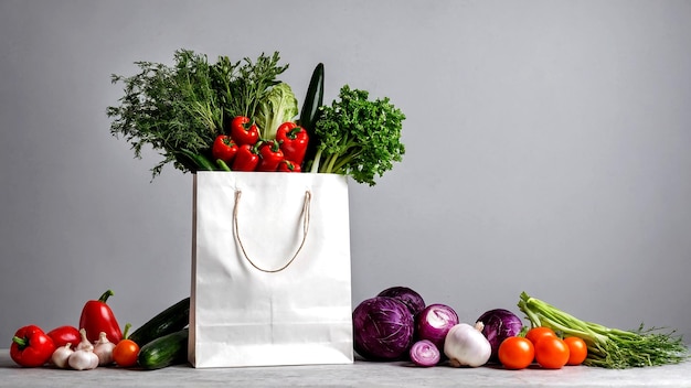 Vegetais e ervas orgânicas maduras e deliciosas em sacos de papel