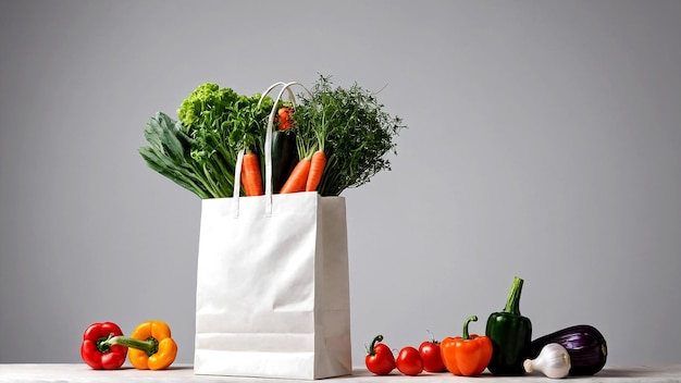 Vegetais e ervas orgânicas maduras e deliciosas em sacos de papel