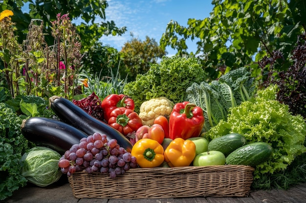 Vegetais e frutas frescos de jardim em uma cesta de vime ao ar livre