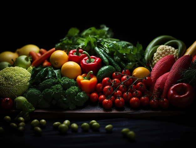 Vegetais e frutas variados em um fundo escuro IA generativa