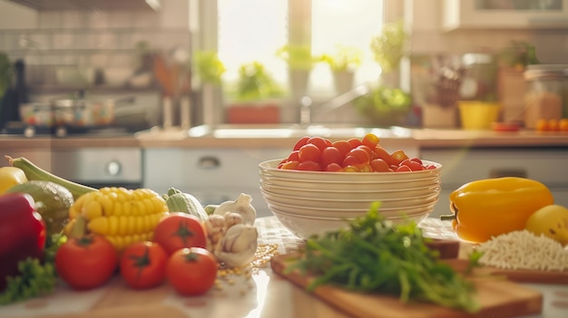 Vegetais e ingredientes frescos no balcão da cozinha à luz do sol quente