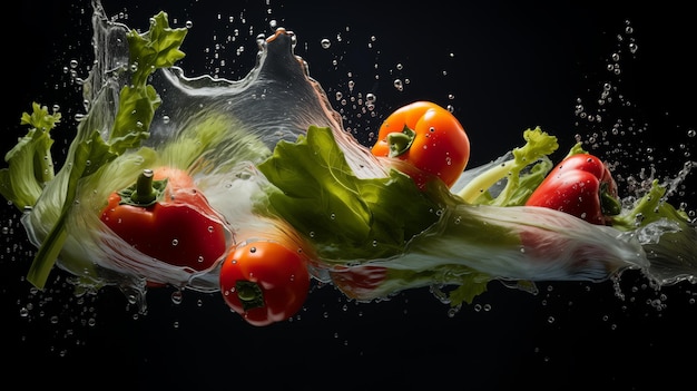 Vegetais e verduras depois de cair com salpicos de água