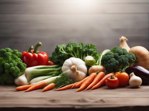 Vegetais em superfície de madeira com um cartaz branco em branco para publicidade de supermercados