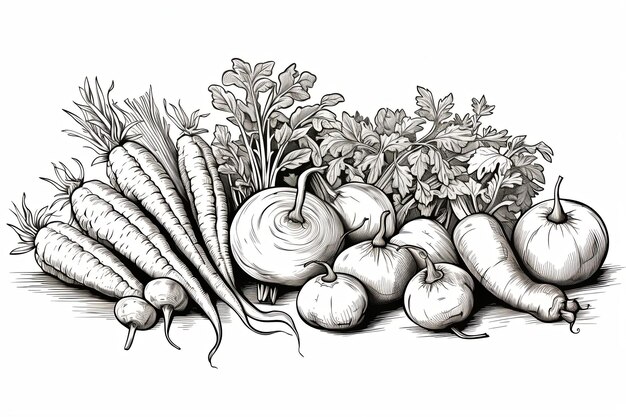 Vegetais frescos conjunto de ícones de arte de linha de rabiscos e ilustração de clipart de alimentos saudáveis desenhada à mão em fundo branco