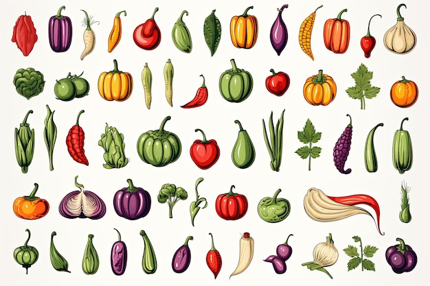Vegetais frescos conjunto de ícones de arte de linha de rabiscos e ilustração de clipart de alimentos saudáveis desenhada à mão em fundo branco
