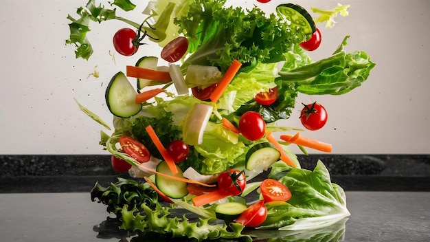 Vegetais frescos de salada a voar
