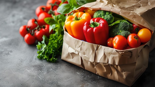 Foto vegetais frescos em um saco de papel em fundo escuro conceito de comida saudável com cópia de espaço de compras de supermercado e estilo de vida de resíduo zero ai