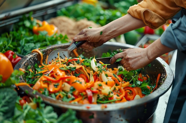 Vegetais frescos sendo mexidos em um grande wok Preparação de refeição orgânica saudável com cores