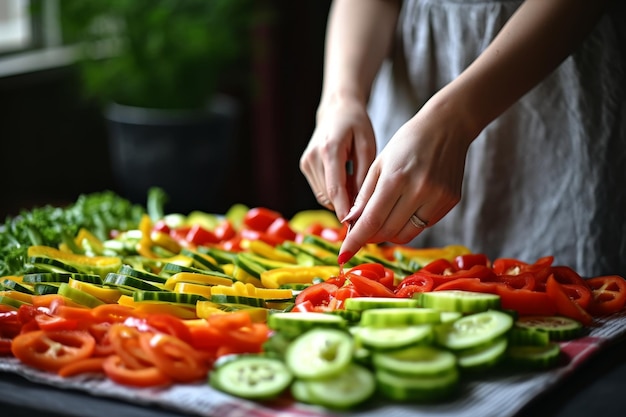 Foto vegetais frescos sendo preparados com faca na cozinha para um almoço saudável ou receita de salada