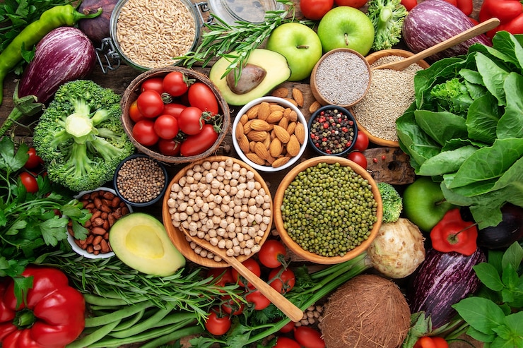Foto vegetais, frutas, cereais, vista superior. fundo