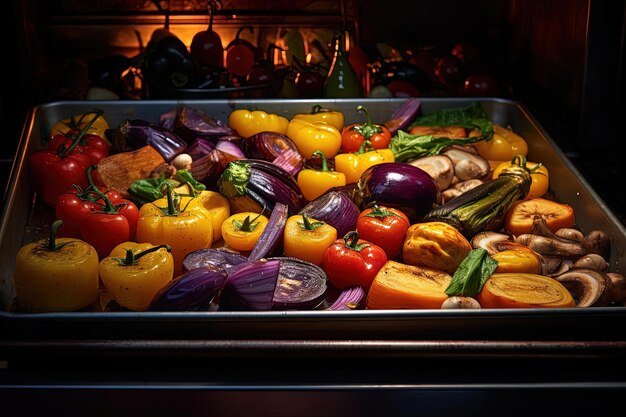 Foto vegetais grelhados em folha de cozimento na cozinha no estilo de cores vibrantes pós-impressionistas