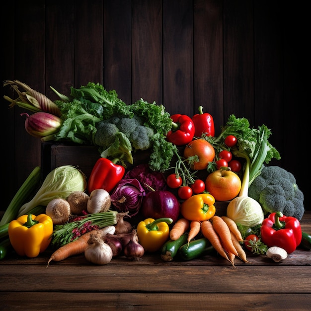 vegetais num cenário de madeira