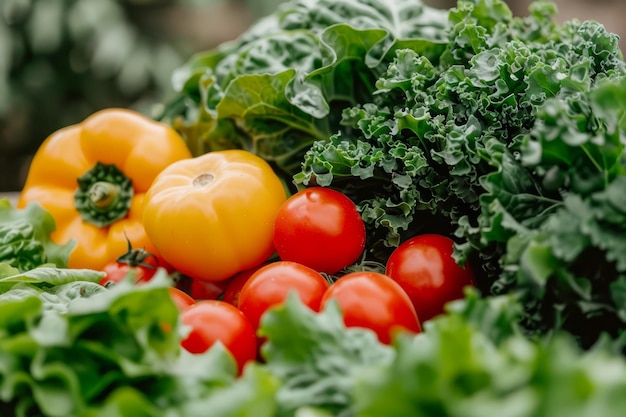 Vegetais orgânicos frescos com tomates de couve e pimentas em uma mesa rústica Alimentação saudável