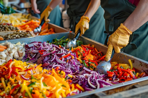 Vegetais orgânicos frescos sendo preparados por chefs em uma cozinha comercial para refeições gourmet