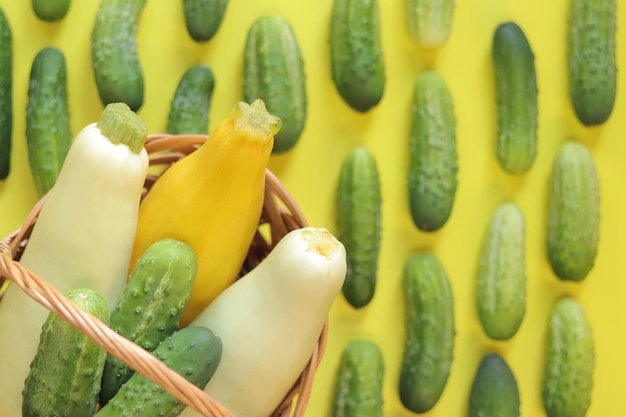 Vegetais recém-colhidos zucchini e pepinos em um fundo amarelo vista superior foco seletivo