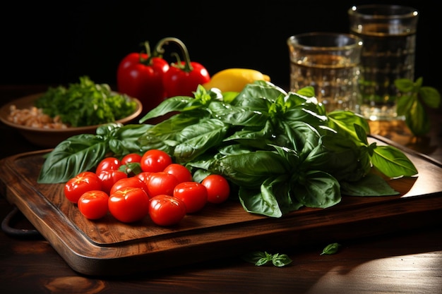 Vegetais saborosos em prato de vidro com tábua de madeira de tomate