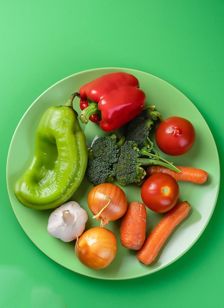 Vegetais saudáveis vegetais em um prato grande verde em um fundo verde Top view _ai_generate