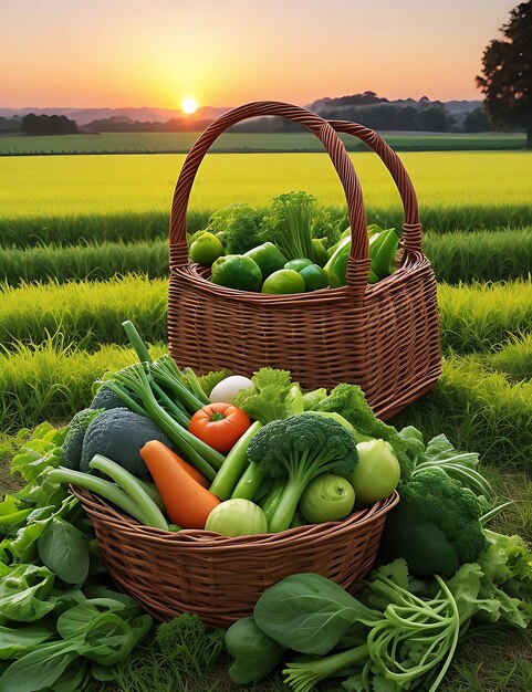 Vegetais verdes frescos e coloridos misturados em grandes cestas em plantas verdes de campo com veículos agrícolas