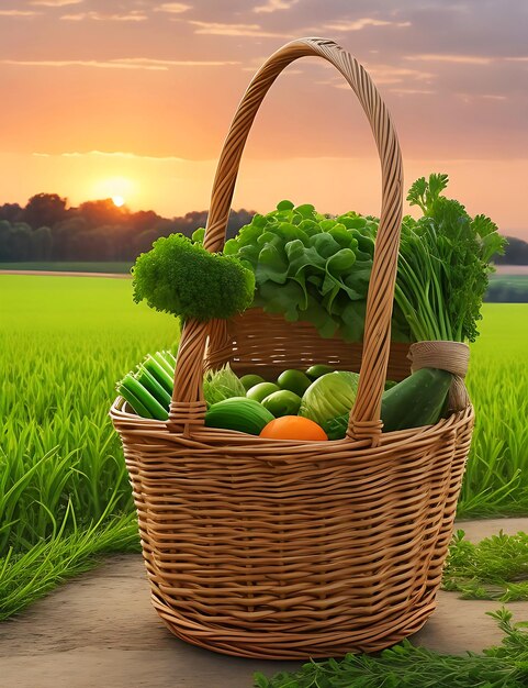 Foto vegetais verdes frescos e coloridos misturados em grandes cestas em plantas verdes de campo com veículos agrícolas