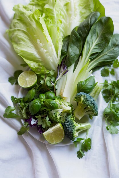 Vegetais verdes saudáveis, limão e ervas em branco