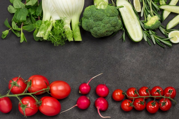 Vegetais verdes, tomates vermelhos e rabanetes. fundo preto. postura plana.