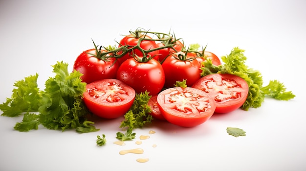 Vegetal de tomate e salada no fundo branco