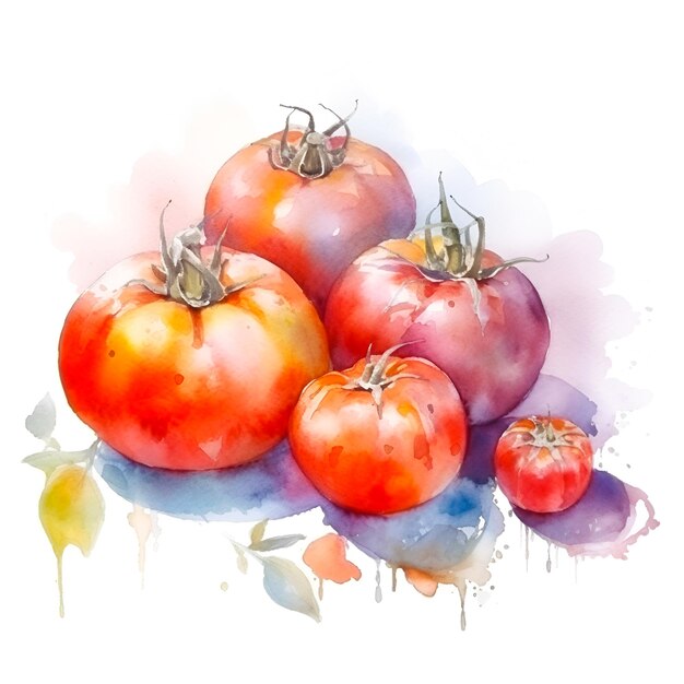 Vegetales de acuarela dibujados a mano aislados sobre un fondo blanco imagen de dibujo de acuarel de tomate rojo