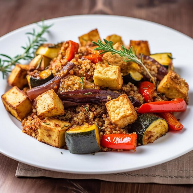 Foto vegetales asados con quinoa y tofu en un plato