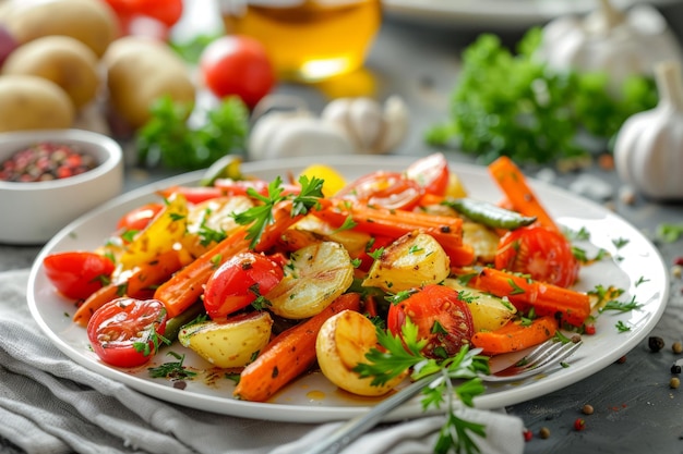 Vegetales asados con zanahorias tomates frijoles verdes y patatas IA generativa