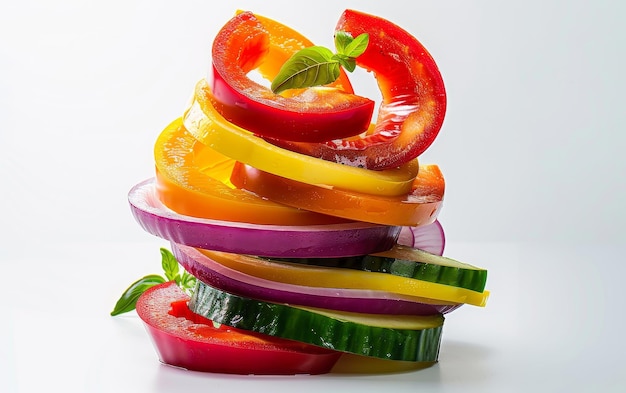 Vegetales de colores recién cortados dispuestos en una fila adornados con hierbas sobre un fondo blanco