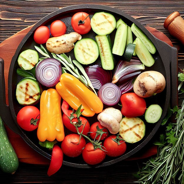 Vegetales crudos para cocinar en una sartén de parrilla sobre un fondo de madera vista de arriba