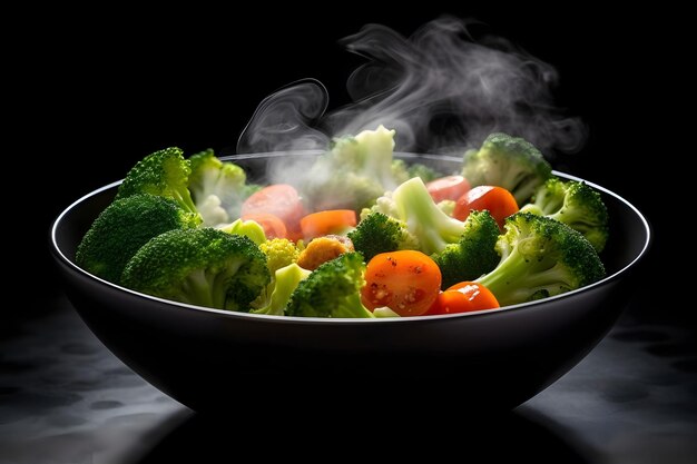 Vegetales en un cuenco negro con humo