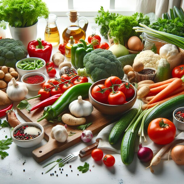 Vegetales enteros frescos en una mesa blanca Dieta de cocina