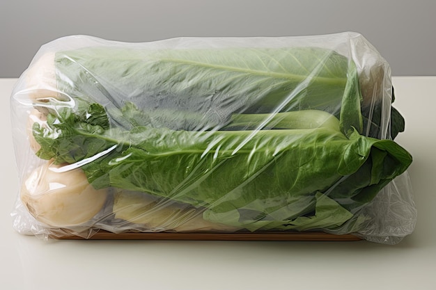Vegetales bajo envoltura de plástico La bolsa estaba tan apretada que reveló la forma del plato inferior