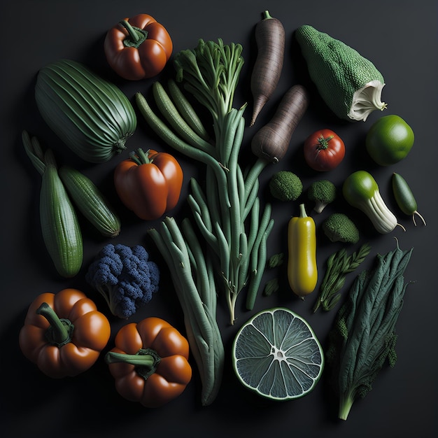 Vegetales en fondo oscuro Saludos para el Día Mundial de los Veganos Foto de verduras frescas