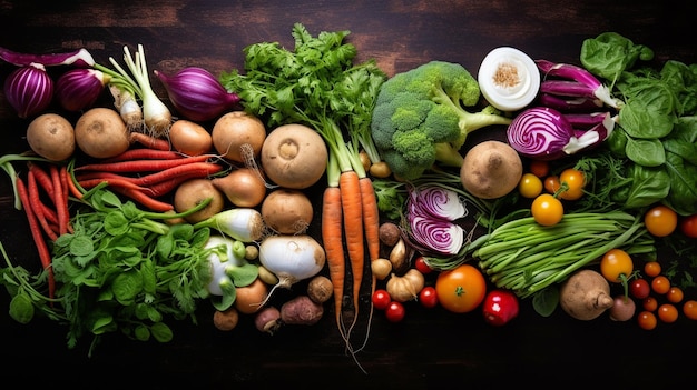 Vegetales frescos alimentos veganos orgánicos saludables en un estandarte de fondo negro