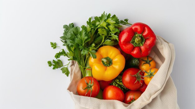 Vegetales frescos en una bolsa de compras reutilizable sobre un fondo blanco Vista superior