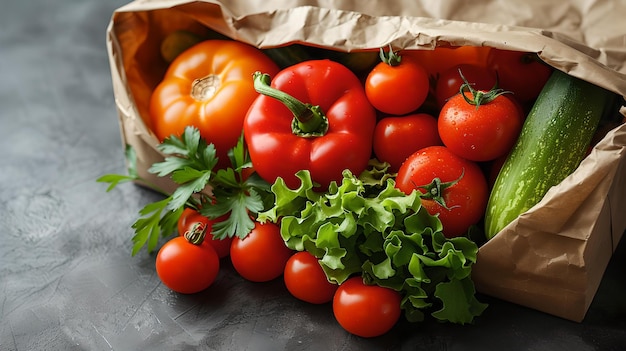 Vegetales frescos en una bolsa de papel en un mostrador de la cocina tomates orgánicos y verduras concepto de alimentos saludables compras de comestibles y comer limpio de cerca colores vibrantes IA