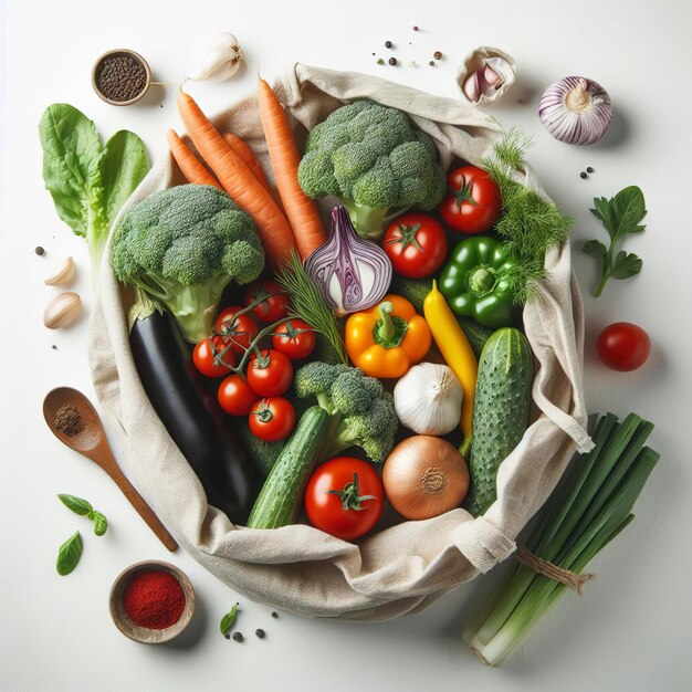 Vegetales frescos en una bolsa de tela sobre un fondo blanco