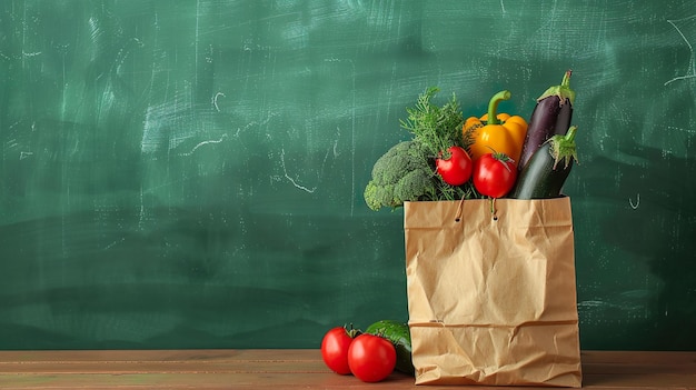 Vegetales frescos en bolsas de papel ecológicas en una mesa de madera