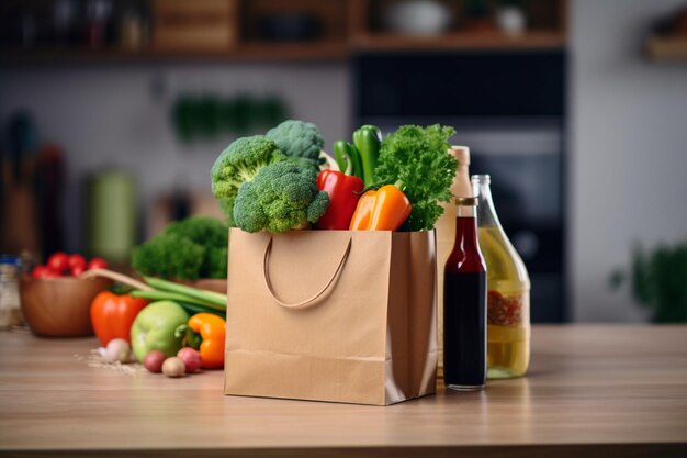 Vegetales frescos en bolsas de papel en la mesa de la cocina