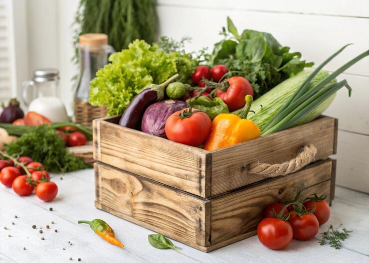 Vegetales frescos en cajas de madera