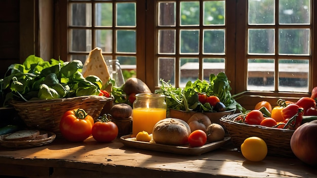 Vegetales frescos en una canasta en una mesa de madera cerca de la ventana