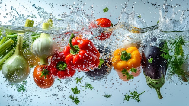 Vegetales frescos cayendo en el agua con salpicaduras en fondo blanco