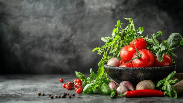 Vegetales frescos en un cuenco en una mesa rústica oscura
