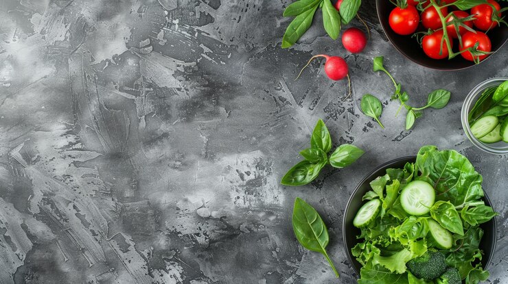 Vegetales frescos para ensalada sobre un fondo gris